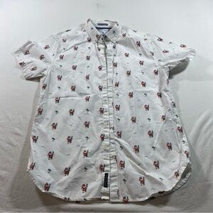 Denim & Flower Shirt Christmas Santa Clause  White Red Casual Button Down Shirt